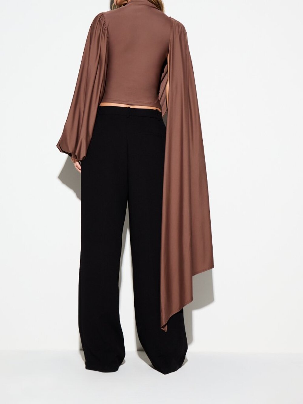 Brown Elegant Women's Draped High Neck Slim Fit Long Asymmetrical Blouse - Picture 2 of 5